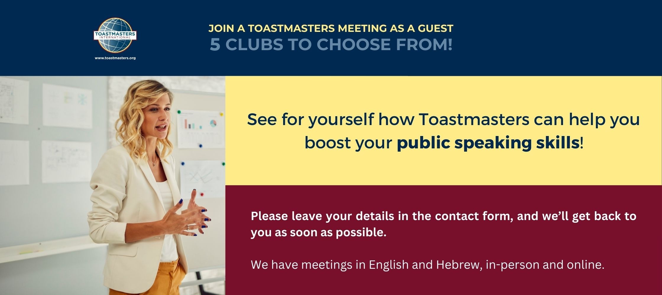 Join a Toastmasters meeting as a guest: 5 clubs to choose from!